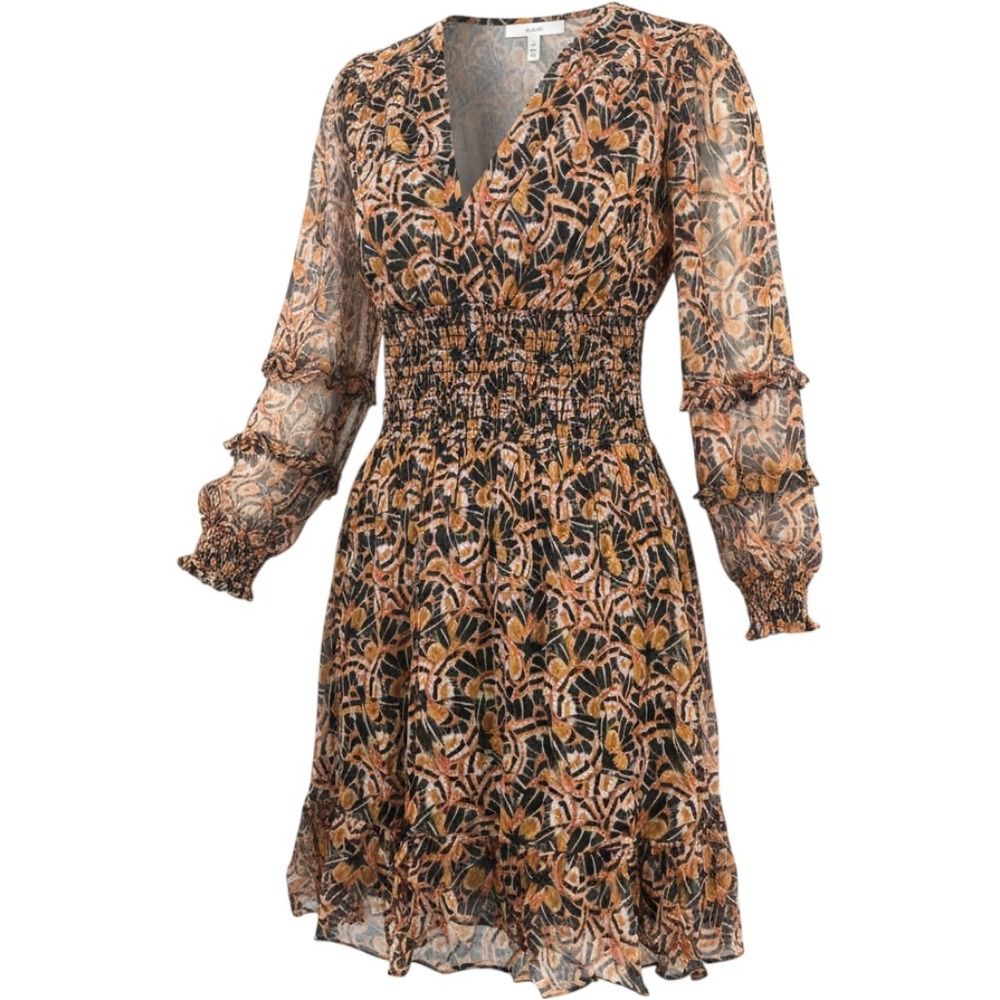 Shoshanna Mini Dress Womens 2 Orange Black Floral Smocked Long Sleeve